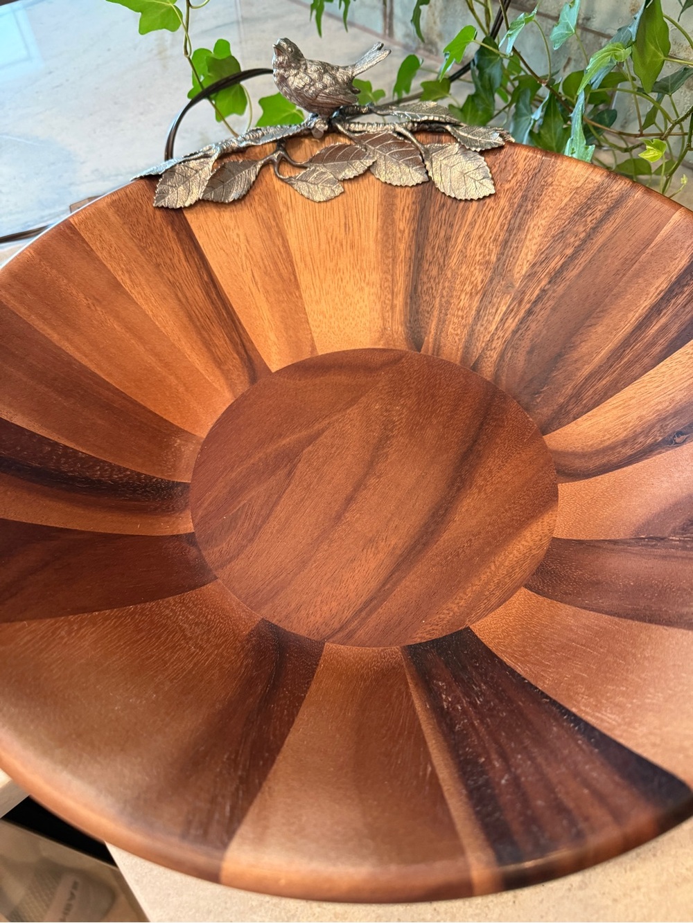 Vagabond House Song Bird / Song Sparrow Large Acacia Wood & Pewter Serving Bowl